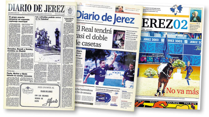 Portada del primer número de Diario de Jerez,  la portada del cambio de diseño del periódico y la primera página de la inauguración de los Juegos Ecuestres.