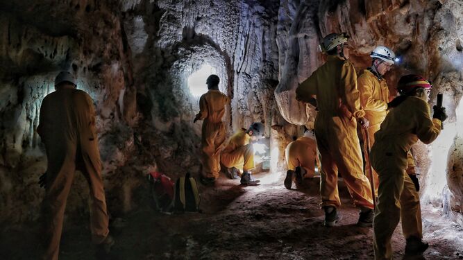 Varios miembros del equipo, en las labores de prospección en el interior de la cueva.